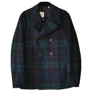 JW Anderson X Uniqlo Wool Pea Coat M Plaid Double Breasted Green Blue Black